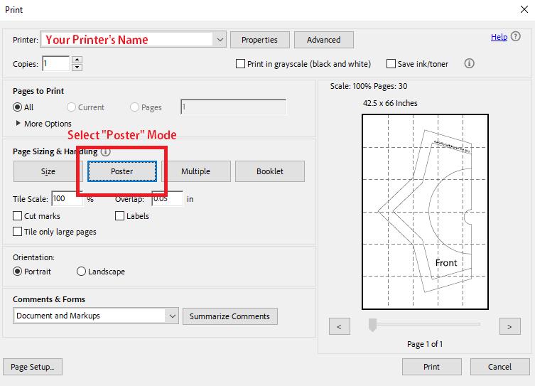 A screenshot of a printer settings dialog showing poster print options, with red text labels pointing to the printer name and the poster mode button.